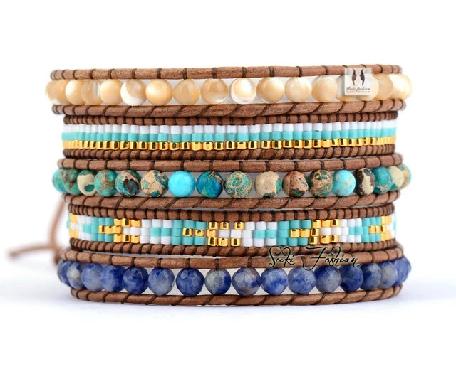 Exclusive High End Natural Stones with Selected Glass Beads Vintage Wrap Bracelets Beading Pattern Bohemian Leather