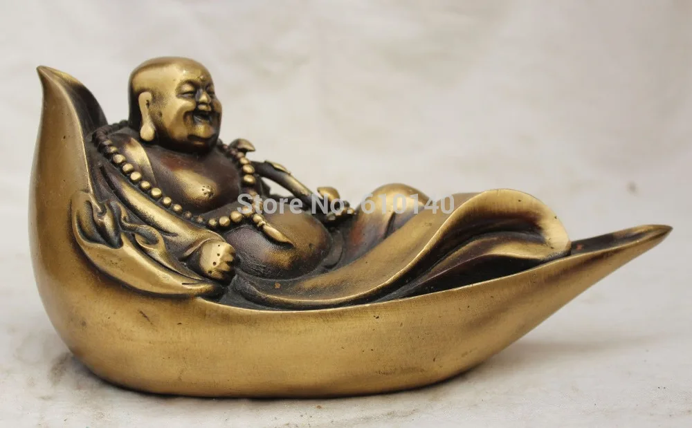 9&quot Chinese Budhdism Copper lotus leaf Happy Laugh Maitreya Buddha Ruyi Statue |