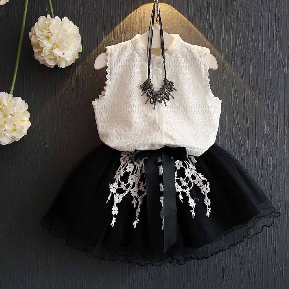 

Puseky 2017 Summer Cute Kid Girls Baby Cloth Dresses 2pcs Fashion New Sleeveless T-shirt Tops Floral Lace Dress Suit Outfit 2-7T