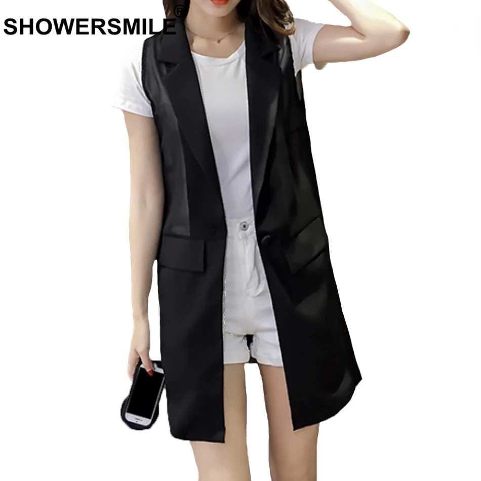 SHOWERSMILE Long Waistcoat Women Black Thin Vest Ladies Solid OL Elegant Chiffon Female Spring Summer Sleeveless Jackets 2019