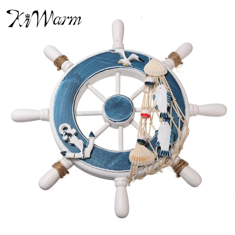 

KiWarm Modern Wooden Boat Ship Steering Wheel Shells Fishing Net Wall Plaque Tropical Decor for Home Backdrop Hanging Decor Gift