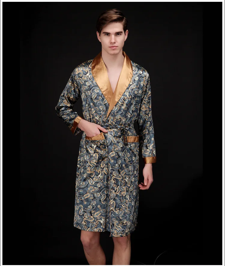 men's pajama sets Mens Summer Paisley Print Silk Robes Male Senior Satin Sleepwear Pajamas Long Kimono Dressing Gown Bathrobe For Man mens tall pajama pants