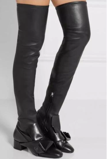 low heel black thigh high boots