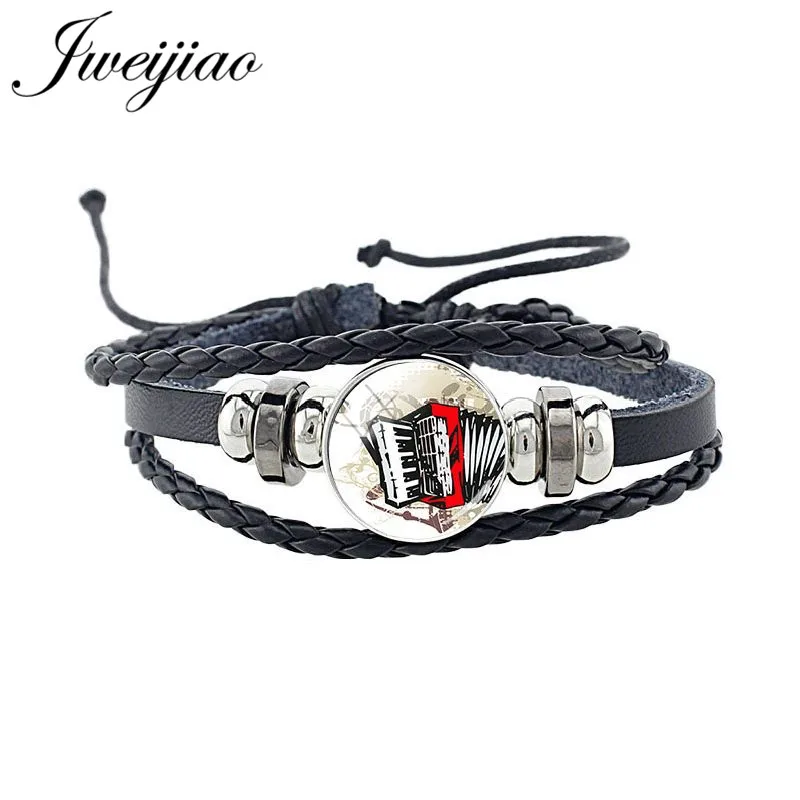 

JWEIJIAO Musical Instruments Instrument Black Leather Cord Bracelet/Bangle Glass Accordion Pattern Charm Bangles Rope Chain AC03