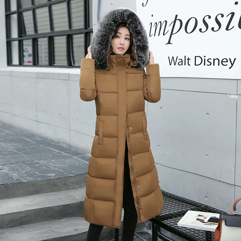 New Thick Warm Parkas Long Slim Hooded Large Fur Collar
