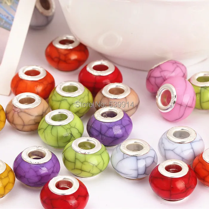 

15MM Mixed Crack Pattern Acrylic Silver Plated Cord Big Hole Beads Charms For European Style Murano Bracelet Beads 100pcs