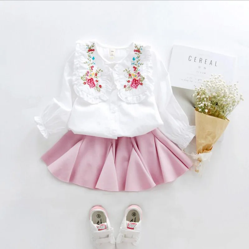 

2017 Autumn Children Baby Girls Clothing Set toddler Kids embroidery Blouse+Pleated Skirt 2pcs set School girls clothes