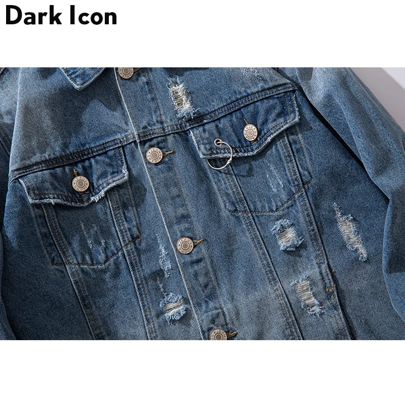 Dark Icon Ripped Siderophere Jeans Jacket Men Turn-down Collar Denim Men's Jackets Hip Hop Jackets