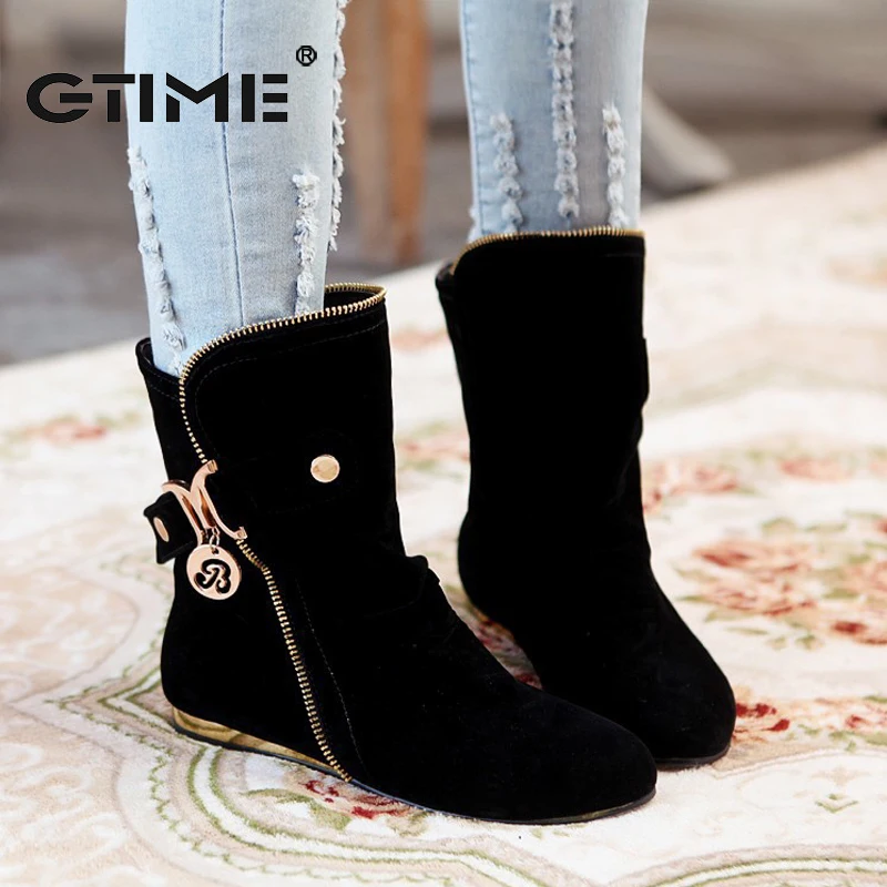 

GTIME Women Boots Round Toe Flats Platform Snow Boots for Women Fashion Flock Winter Boots 4 Color #ZWS56