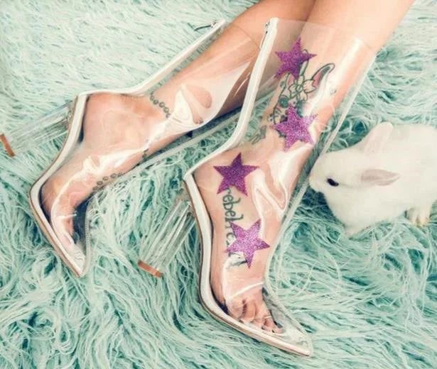 

New Arrival Spring Autumn Party Dress Shoes Women Pointed Toe High Heel Booties PVC Transparent Stars Decoration Ankle Boots