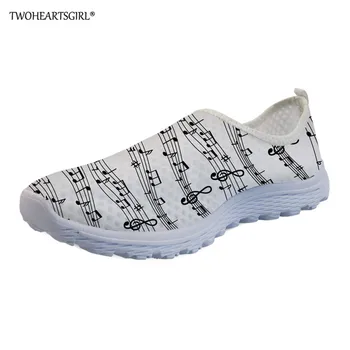 

Twoheartsgirl Women Flats Sneakers Shoes Summer Fashion Slip On Loafers Music Note Print Female Mesh Walking Flat Shoes