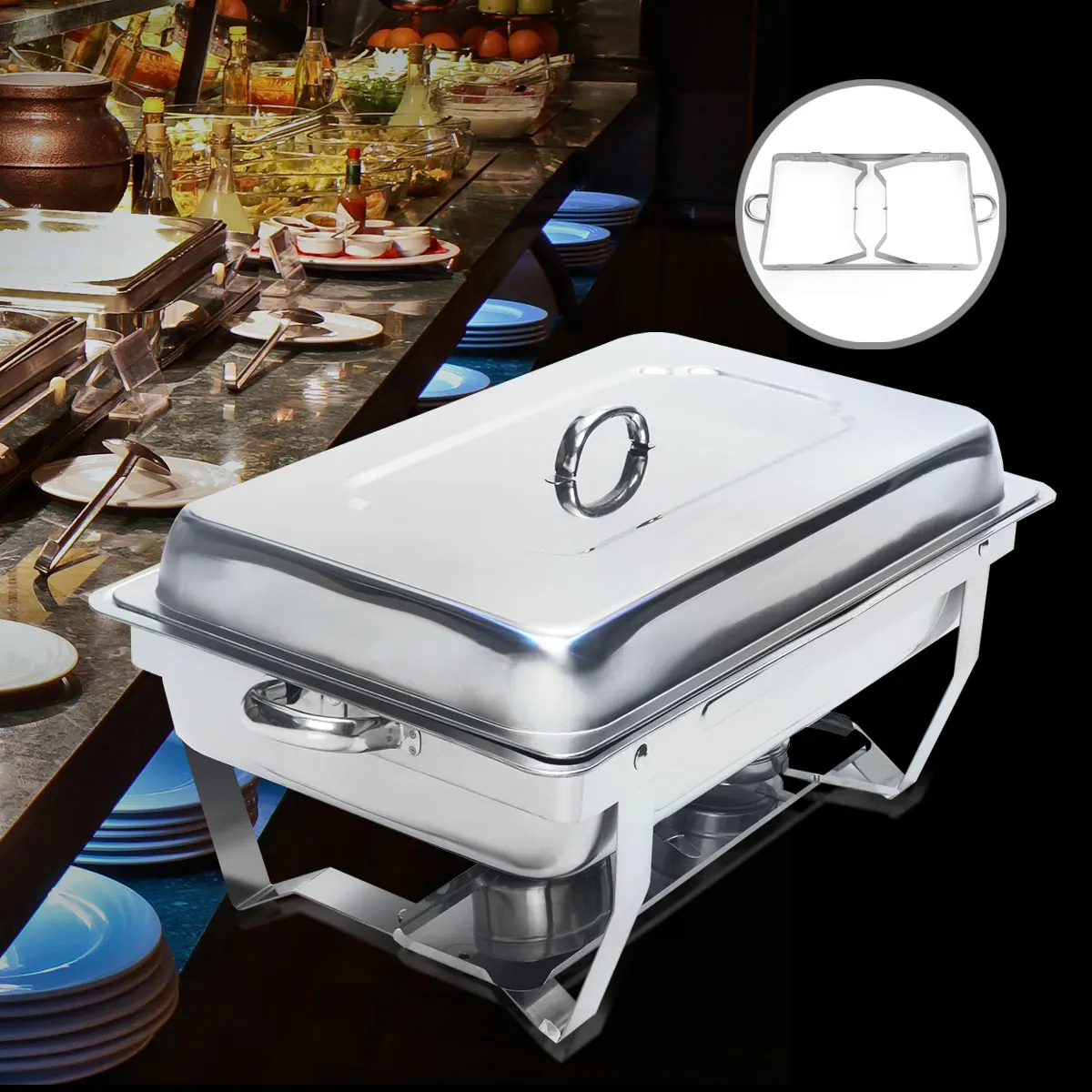 

1Pcs 2 Pack 9 Quart Stainless Steel Folding Chafer Rectangular Chafing Dish Sets Buffet Catering 2 Food Pan 24"x14"x11.4