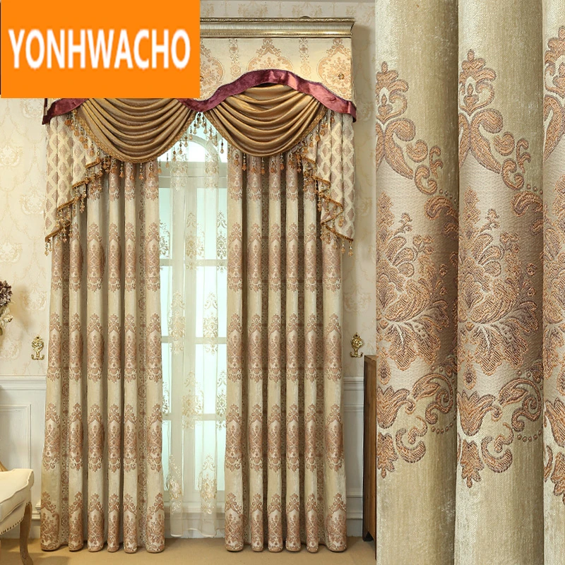 

Custom curtains European high-end atmosphere luxury living room chenille thick cloth blackout curtain tulle valance drape B021