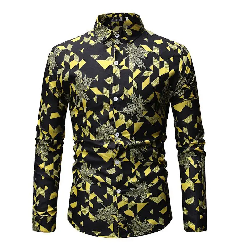 

Casual Blouse Mens Clothing Slim fit Mens Dress Shirts Hawaiian Shirt Long sleeve Yellow Orange Red Gray Camisa masculina