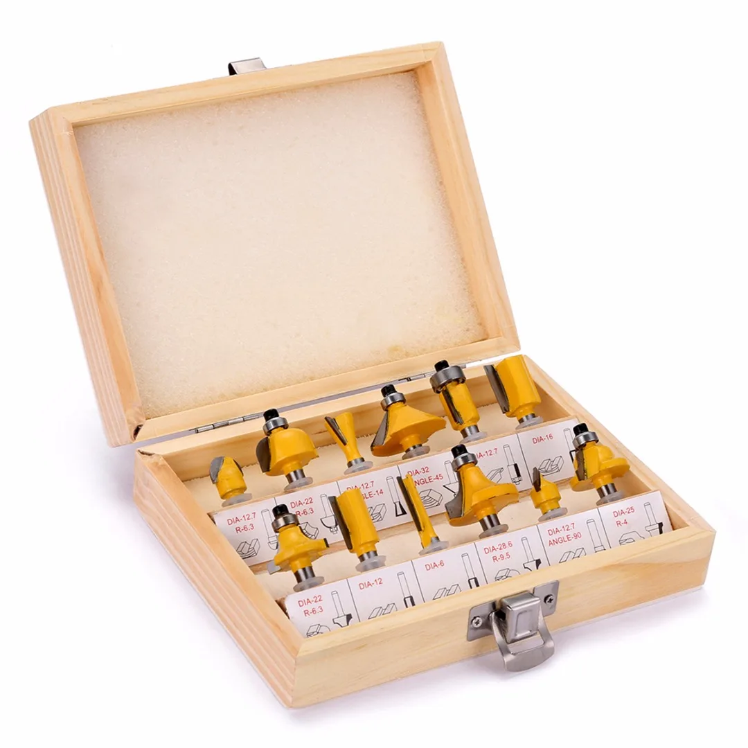 12pcs 1/4'' Shank Carbide Router Bit Set + Wrench with Wooden Box For