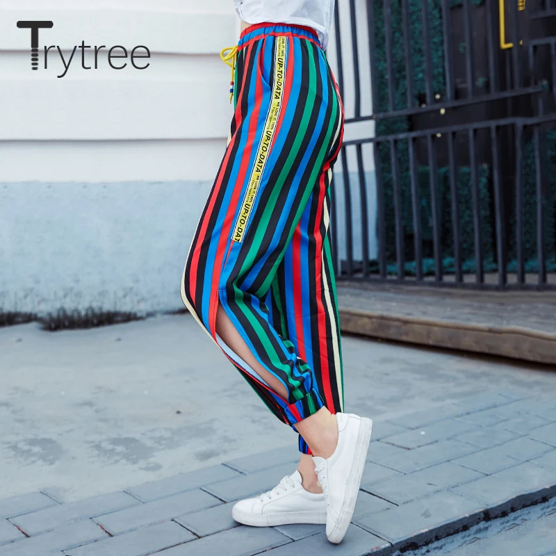 

Trytree Summer Autumn Women Casual Striped Panelled Loose Pants Women Pocket Fashion Drawstring Elastic Waist Harem Pants Female
