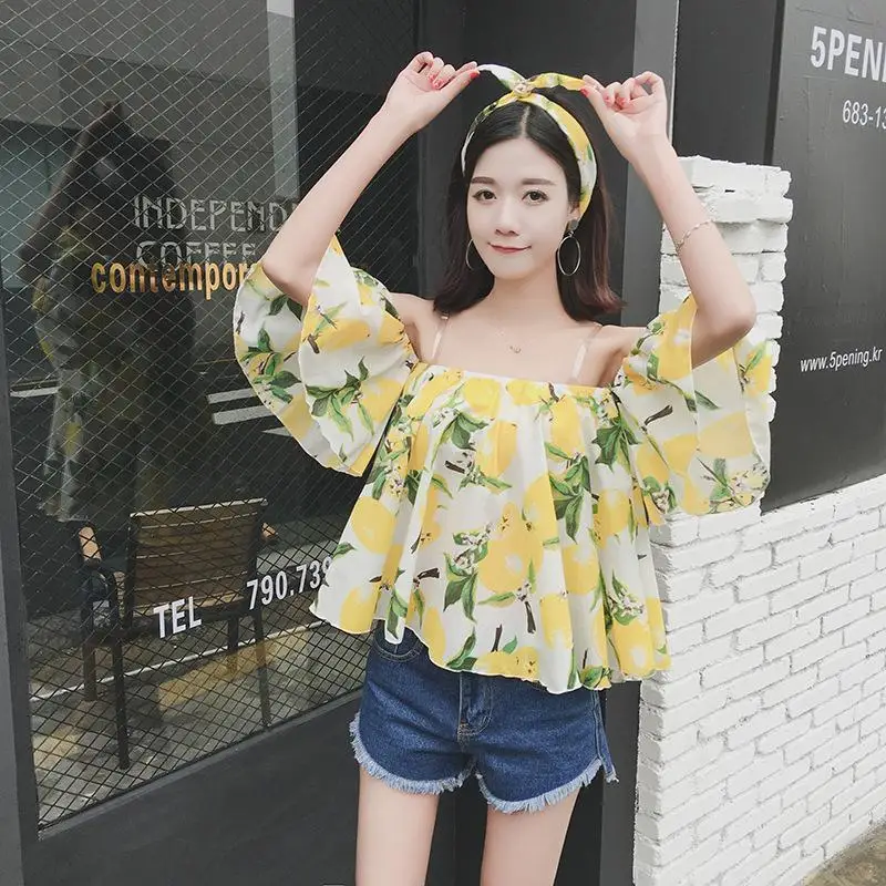 2017 Summer Sexy Slash Neck Chiffon Blouse Korean Style Floral Off ...