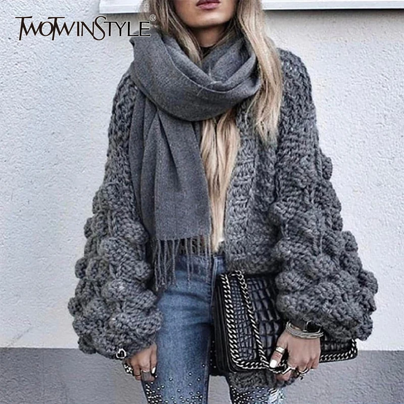 

TWOTWINSTYLE Hollow Knitted Sweater Cardigan Women Long Sleeve Jumpers Tops Female Big Sizes Casual Clothes 2019 Autumn Winter