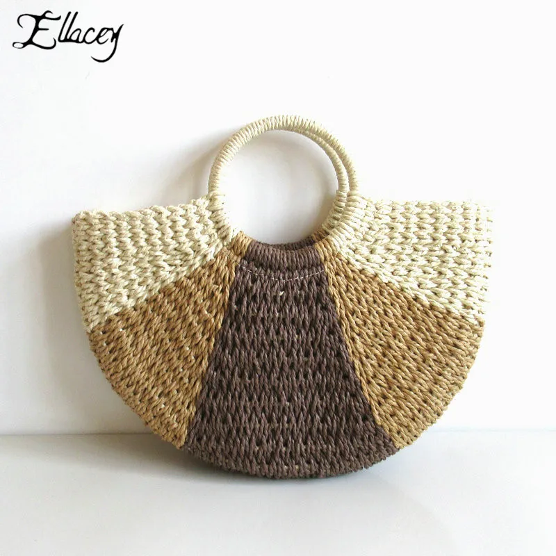 

2019 New Summer Handmade Bags Women Pompon Beach Weaving Ladies Straw Bag Wrapped Beach Bag Moon shaped Bag