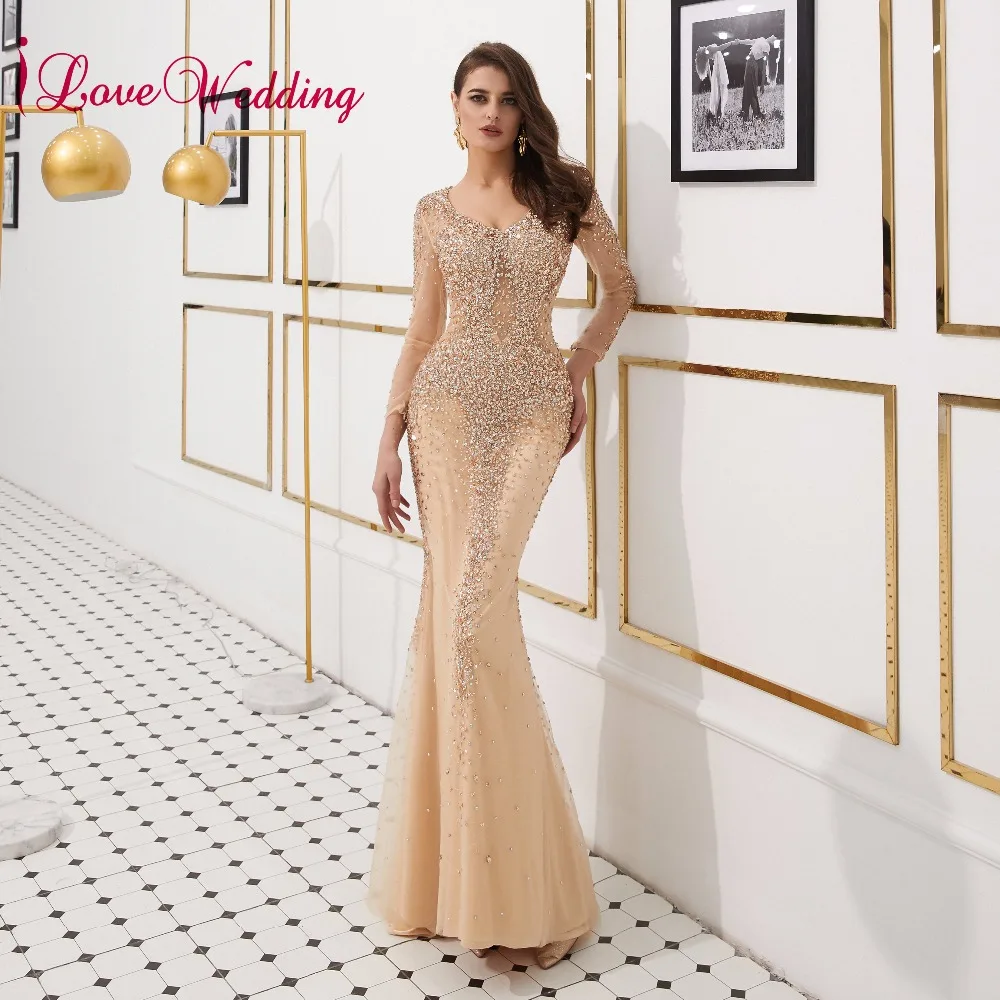 ILoveWedding 2019 Роскошные Одежда с длинным рукавом тяжелый основной бисером Формальные Длинные вечерние платья abendkleider настоящая фотография