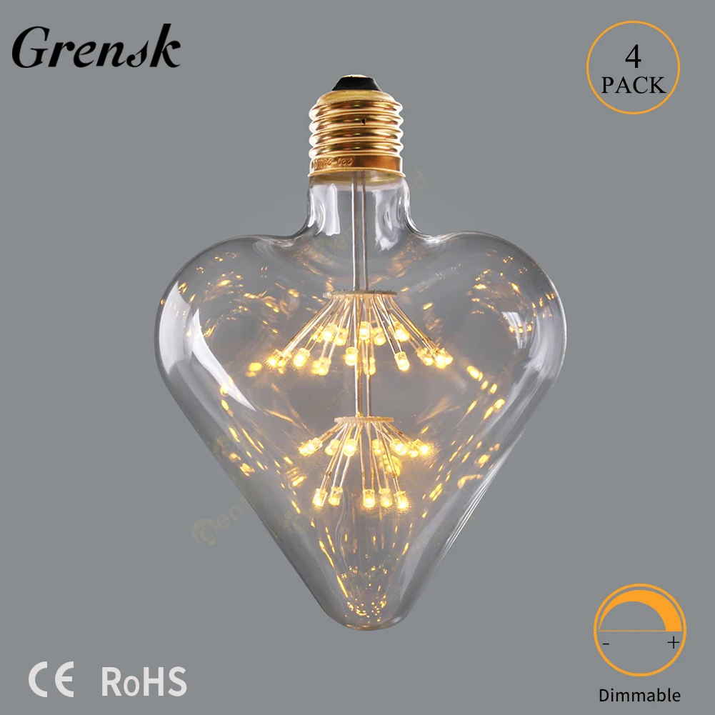 

Grensk Edison Light Bulb Peach Heart Star 3W E27 Led Dimmable 2200K Bulb Romantic Love Weddingd Confession Firework Starry Lamp