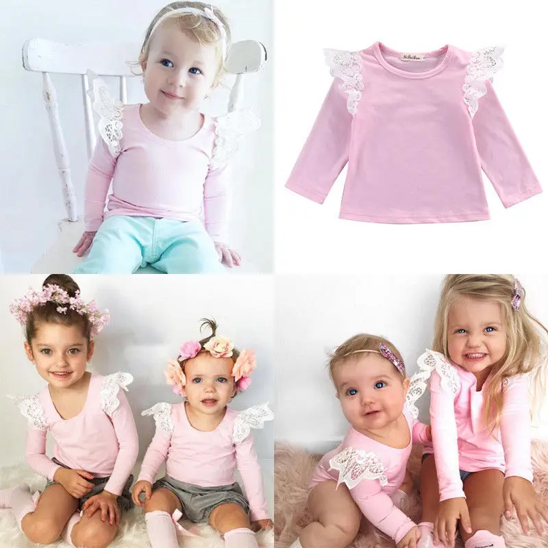 Модная детская одежда для маленьких девочек, хлопковая футболка, блузка, кружевной топ, футболка с длинными рукавами, Одежда для новорожденных, розовая и полосатая одежда