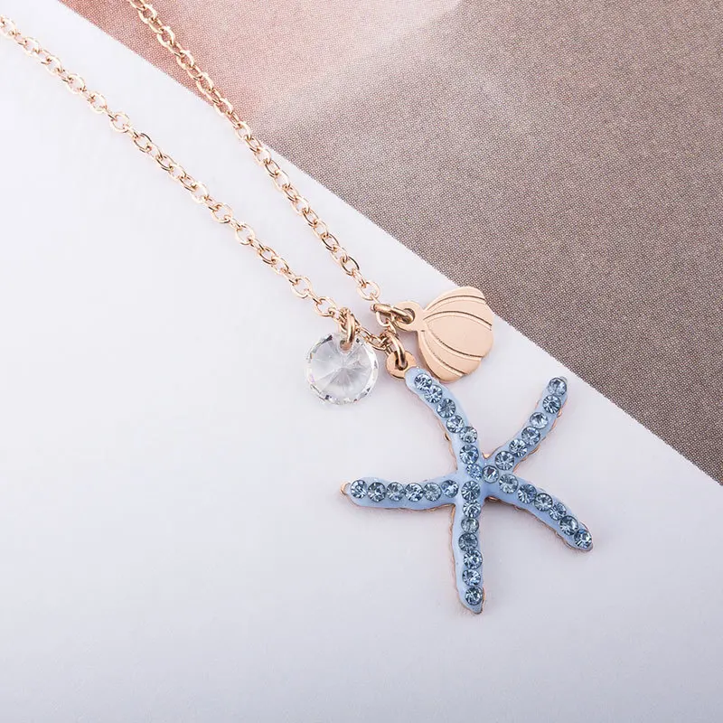 

Women Tiny Necklace Stainless Steel Shell Rhinestone Starfish Choker Necklaces
