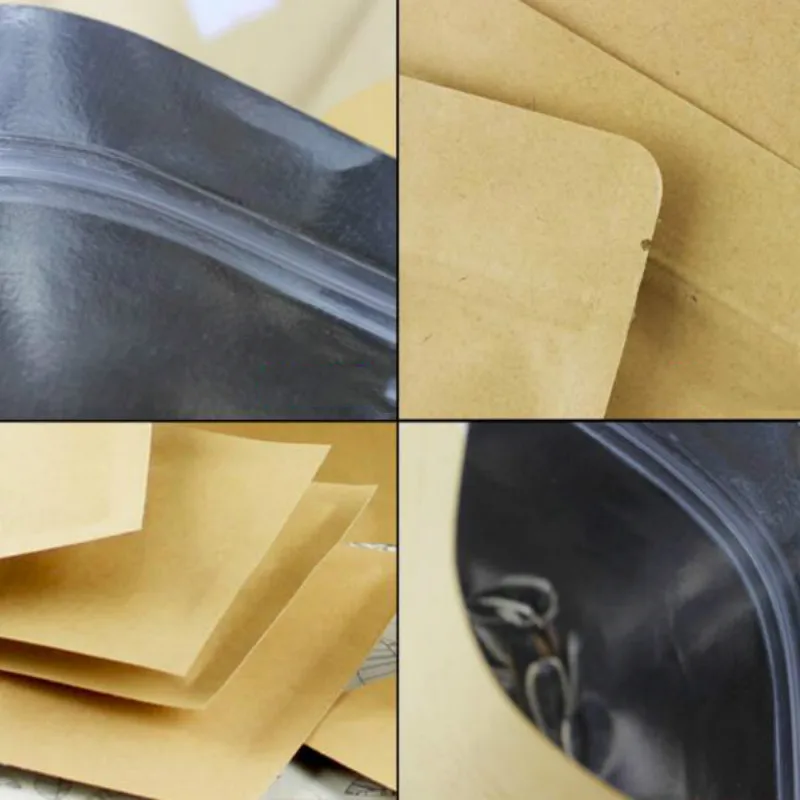 100pcs/lot Kraft Paper Food Bag with Zip Lock Reusable Sealing Bag Inside Aluminizing Pouch For Storing Cookie Dried Food Snack