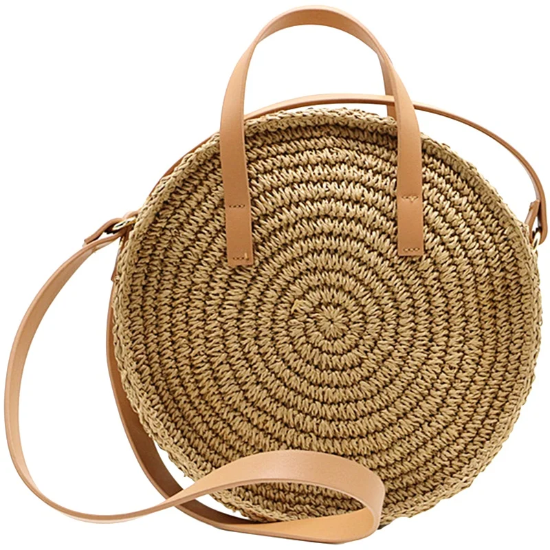 

Round Straw Beach Bag Vintage Handmade Woven Shoulder Bag Raffia Circle Rattan Bags Bohemian Summer Vacation Casual Bag