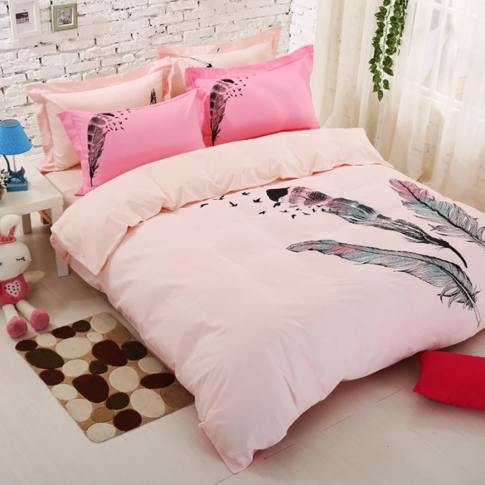 100 cotton pink feathers girls cartoon bedding set queen size bed