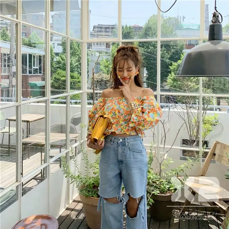 Summer Short Square Collar Floral Women Shirts Contraction Waist Elegant Temperament Blouses Female Clothes 2019 New Tops