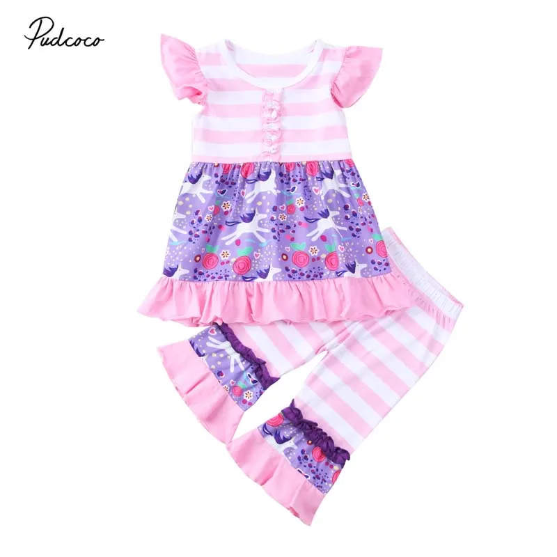 

2019 Brand Unicorn Kids Baby Girls Outfit Clothes Cartoon Print Dress Tops Dress Striped Frale Pants Cute 2Pcs Children Set