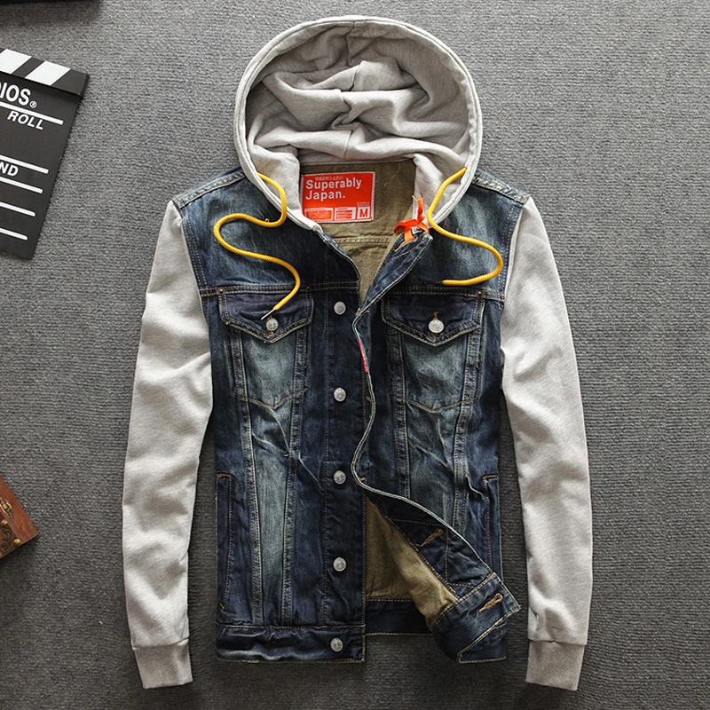

Youth Fashion Men Jacket Spliced Sleeve Slim Fit Denim Jacket Men Coat With Hat European American Street Designer Biker Jacket