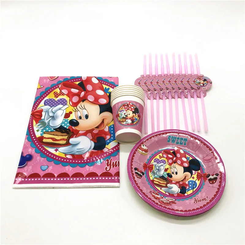 

Hot Sale Disney Minnie Mouse Cartoon Cups+Plates Kid Girl Favors Birthday Party Straw Event Party Decoration Supply 37Pcs/Lot