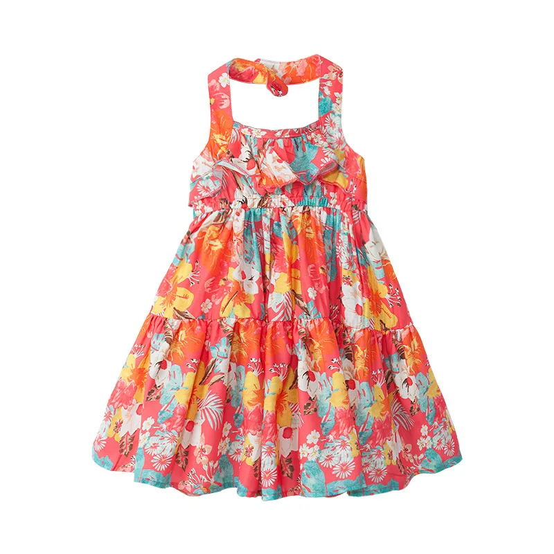 

girl floral dress summer casual cotton print girl dresses Red Blue suspender kids girl dress 3 4 6 8 10 12 y Children's clothes