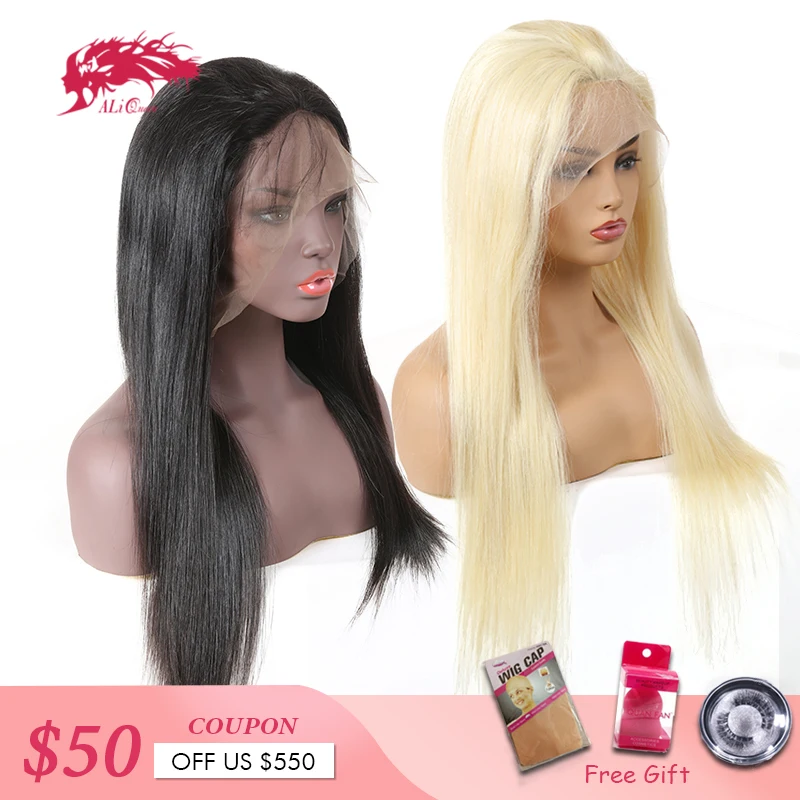 Ali Queen Hair Brazilian Remy Hair Straight Full Lace Wigs Pre Plucked Human Hair With Baby Hair 130% Denisty 1b Or Blonde 613