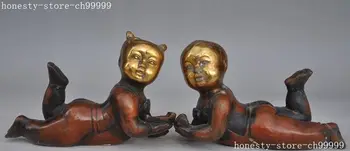 

Crafts statue Auspicious China Feng Shui Bronze gilt boy lad Girl with Statue Sculpture pair halloween