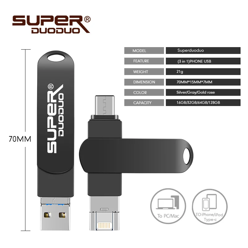 Usb флеш накопитель 3 в 1 для iphone 8 7 Plus 6 6s флэш USB Type C 16 гб 32 64 128 usb|USB флэш-накопители| |