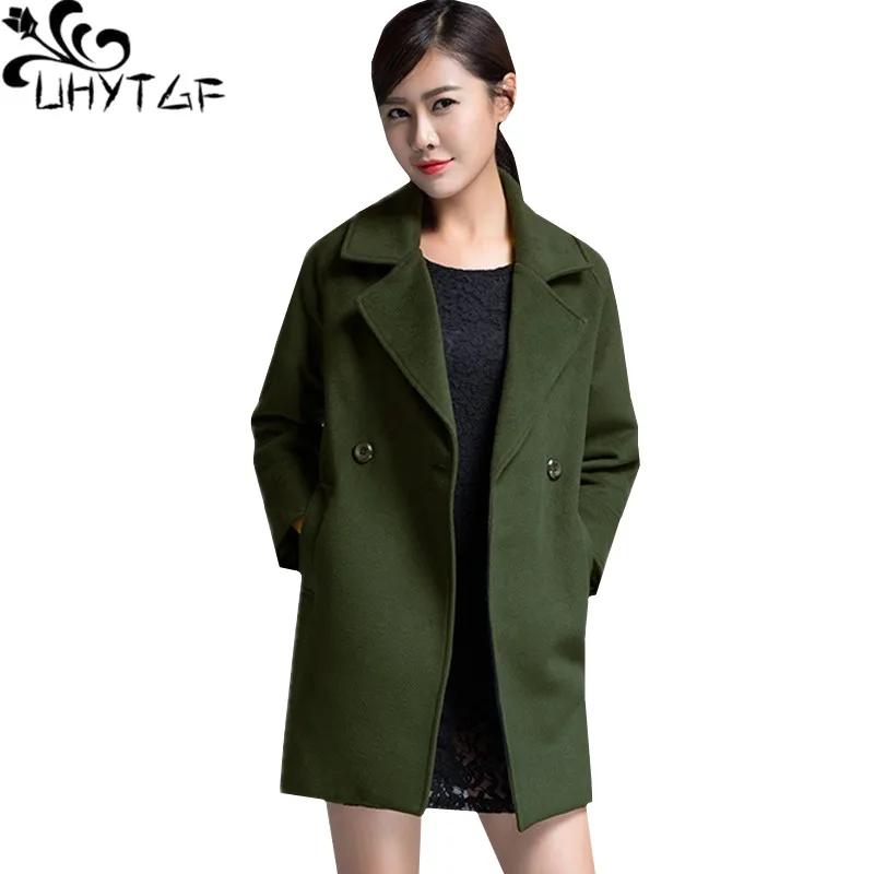 

UHYTGF XL-7XL Oversized Wool Jacket Winter Woman Red Coat long sleeve Long Outerwear Loose plus size Woolen Windbreaker Coat 836