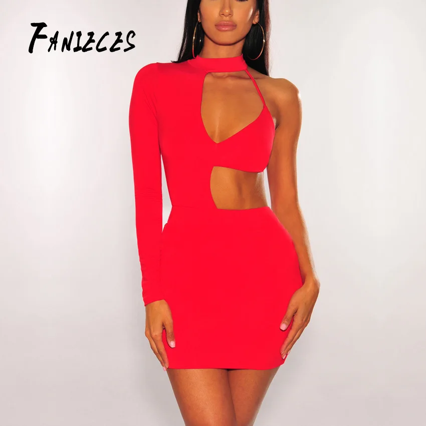 

FANIECES O Neck Sheath Dress For Women summer sexy night club Mini Bodycon Dresses Black red One-Shoulder Vestidos Mujer 2019