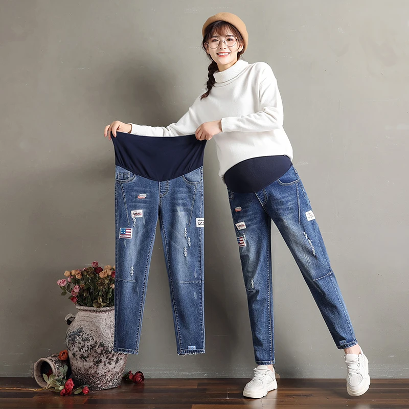 

287# Autumn Fashion Denim Maternity Jeans Elastic Waist Belly Harem Pants for Pregnant Women Pregnancy Trousers Drop Shipping
