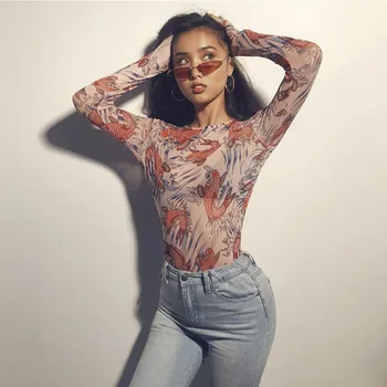 

NiceMix Women Long Sleeve Sexy Transparent Bodysuit Fish Print Skinny Bottoming Shirt See Through Jumpsuit Slim Nightclub Mesh P