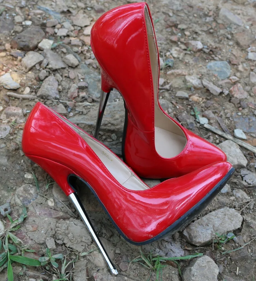 Chic Sexy Women's Pumps 16cm Heel Red Stilettos Shoes Steel Heel Super High Heels Shallow Patent Leather Club Sz 41