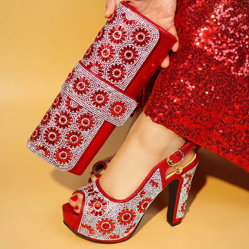African Wedding Italian Shoe and Bag Sets Red Color Italian Shoes and Bags To Match Shoes with Bag Set Decorated with Rhinestone African Wedding Italian Shoe and Bag Sets Red Color Italian Shoes and Bags To Match Shoes with Bag Set Decorated with Rhinestone