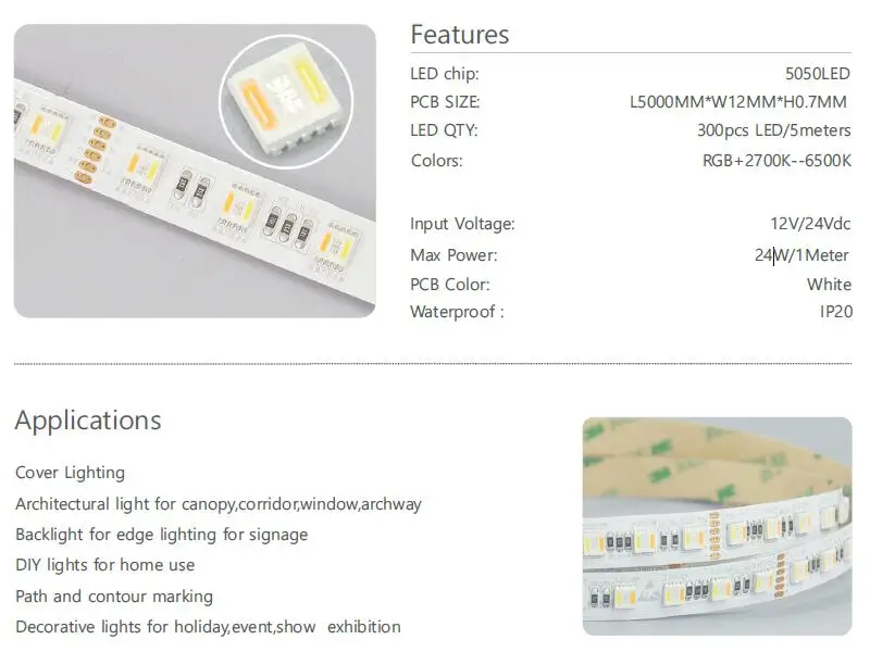 5 colors in 1 led SMD5050 WRGBWW strip light RGBCCT color changeable RGB+(2700-6500K) led tape 60led 20Wm DC12VDC24V 5mReel111