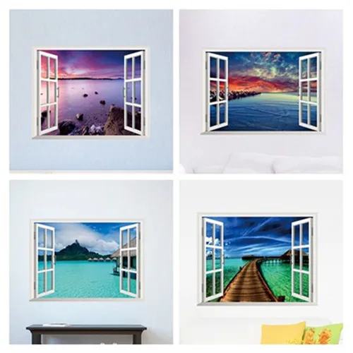 beautiful sky tropical ocean 3D window view blue sea home decor wall sticker creative scenery living