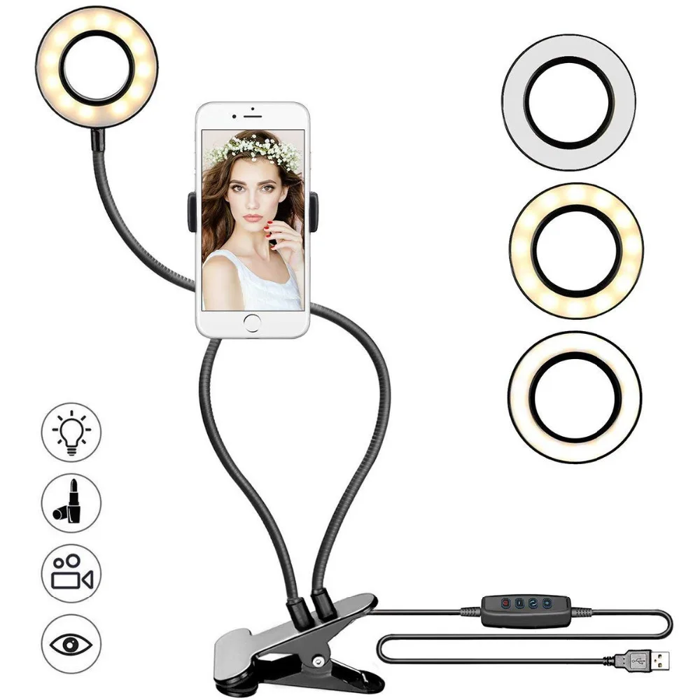 

2 in 1 LED Selfie Ring Light with Phone Holder for Phone Youtube Live Stream Makeup Camera Lamp 3 Brightness Desk Lamps
