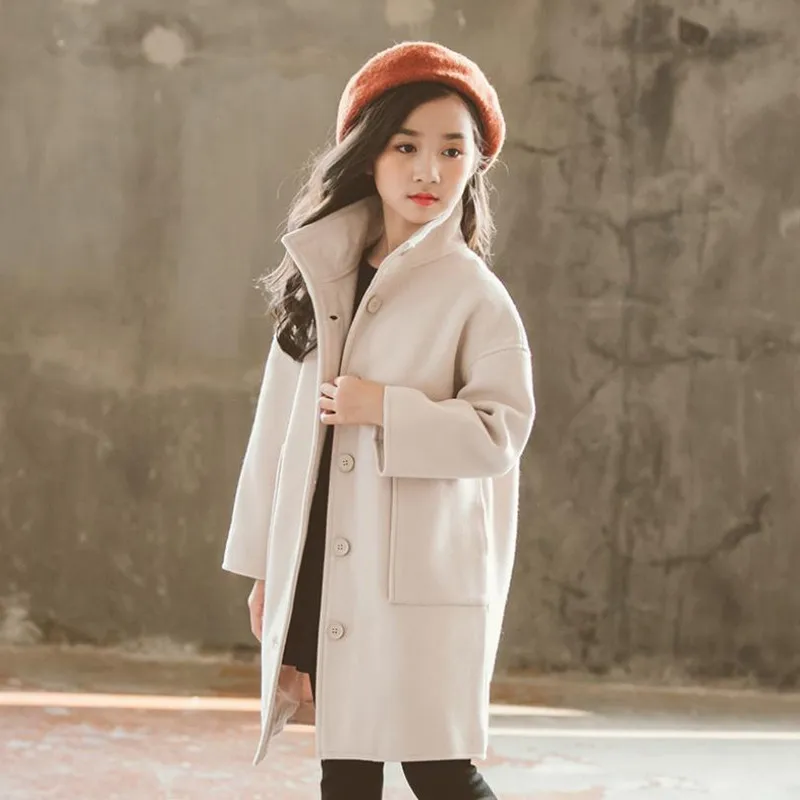 

DFXD England Style New Children Girls Soild Color Long Mandarin Collar Single-breasted Wool Coat Fashion Girls Outwear 2-12Years