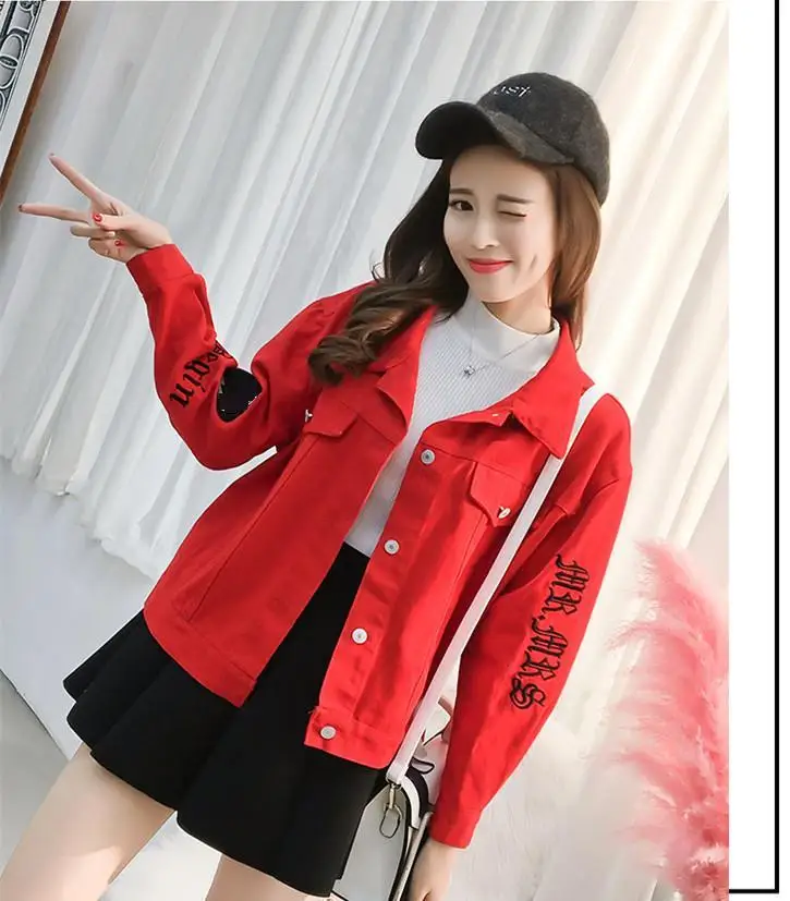 

New Boyfriend Denim Jacket 2018 Autumn Women Hole Coat Red Blue Lapel Single Breasted Korean Casual Letter Embroidery Streetwear