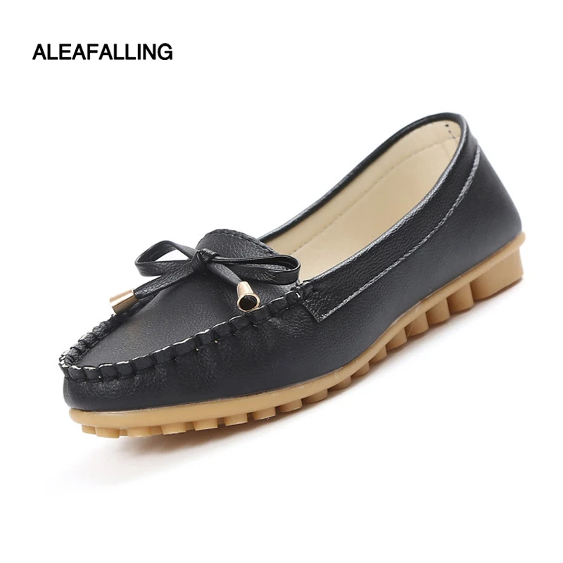 

Aleafalling Woman Summer Slip-on plus size Women Flat Heel Cow Muscle Outsole Flat soft mom Bowtie Leather Leisure Shoes FL16